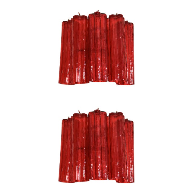 Set of Two Contemporary Red "Tronchi" Murano Style Glass Wall Sconces in Venini Style For Sale