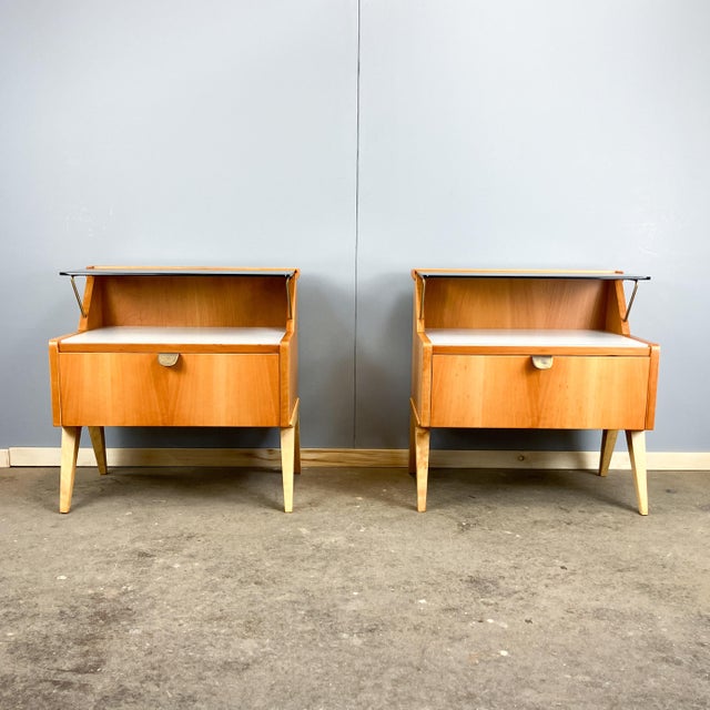 Pearwood Bedside Tables with Black and White Glass Tops from WK Möbel, 1950s, Set of 2 For Sale - Image 6 of 15