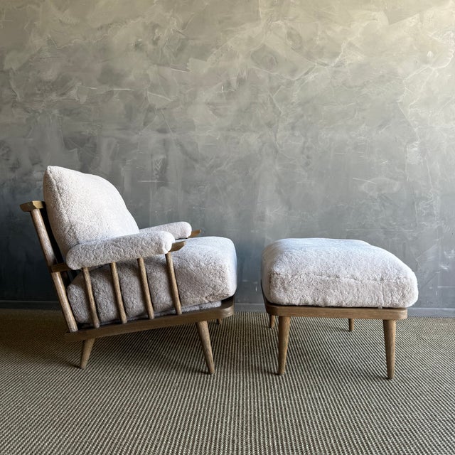 Frances Ottoman Oak Ottoman Upholstered in Genuine Sheepskin With Down Foam Core For Sale In Los Angeles - Image 6 of 10