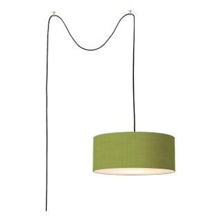 Stretch Swag Lamp, Avocado Linen Shade, Weathered Brass, for Living Room or Bedroom For Sale