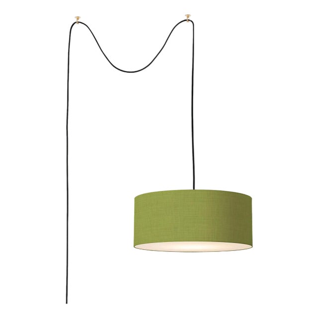Stretch Swag Lamp, Avocado Linen Shade, Weathered Brass, for Living Room or Bedroom For Sale