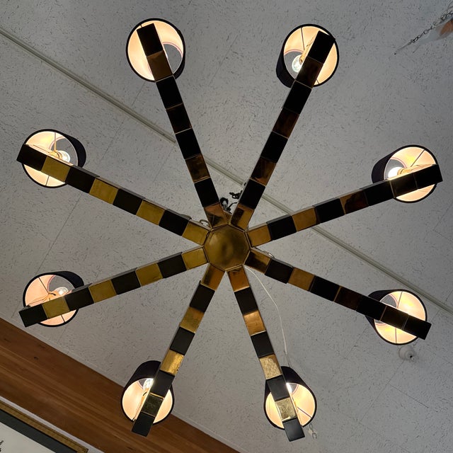 Custom Black + Gold Eight Light Chandelier For Sale - Image 12 of 12