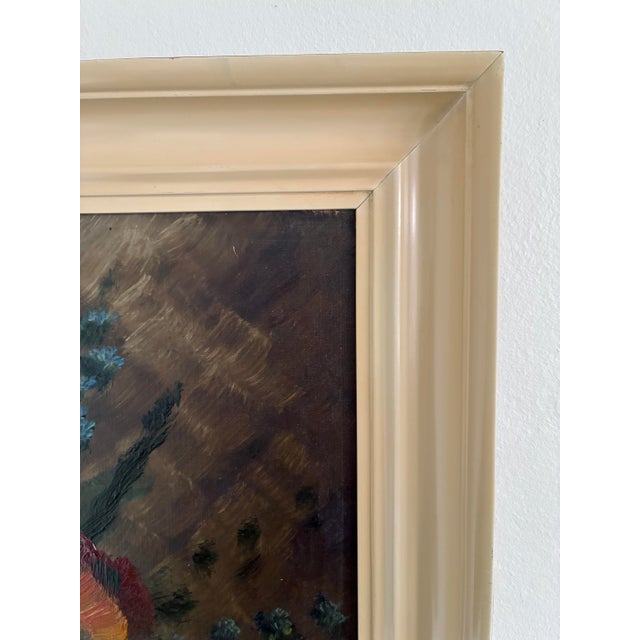 Textile Vintage Original Floral Oil Painting With Wildflowers in Blue Vase For Sale - Image 7 of 14