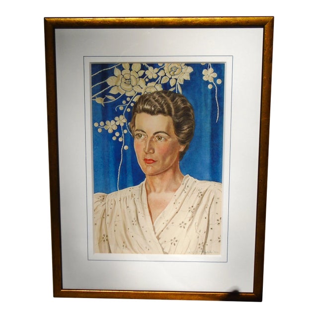 Art Deco Style - "Lady's Portrait, '42", Original Watercolor Painting For Sale