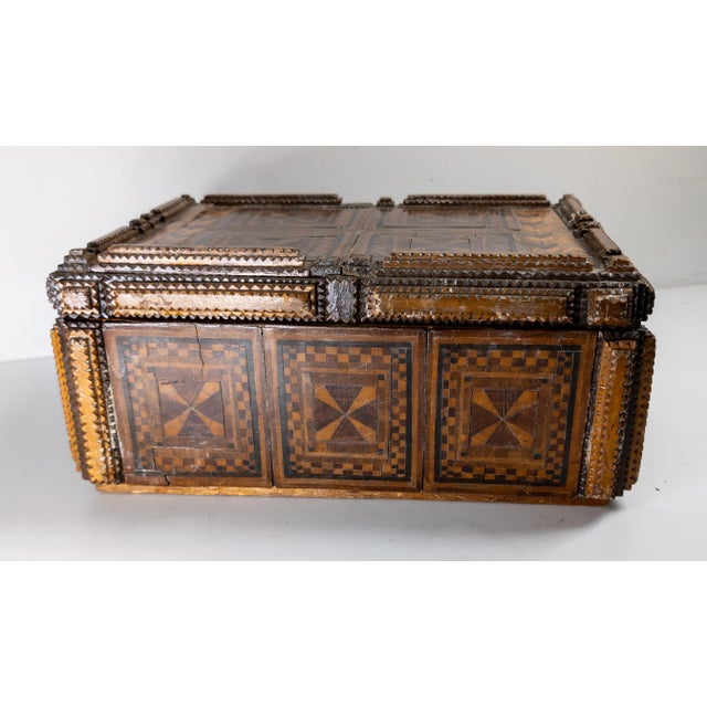 19th or 20th Century European Folk Tramp Art Marquetry Wood Box For Sale - Image 4 of 17