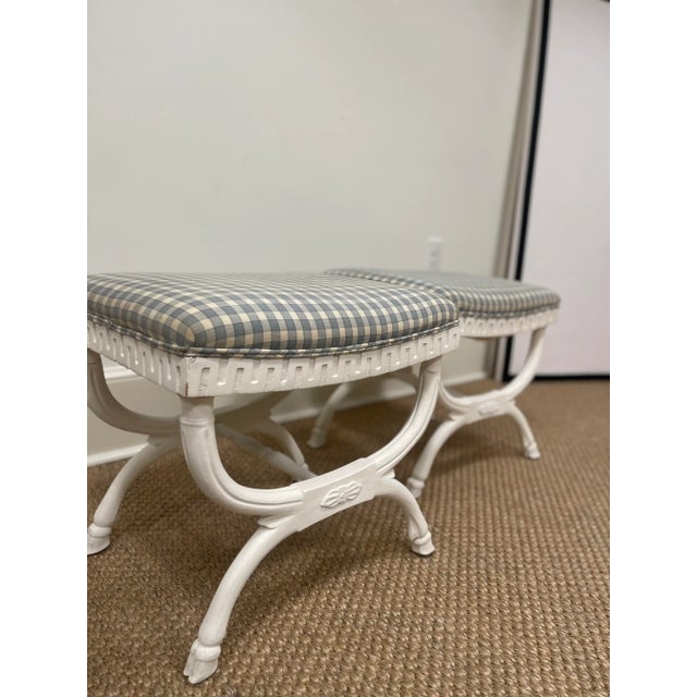 White Vintage X-Frame Stool With White Paint and Greek Key Details-Pair For Sale - Image 8 of 12
