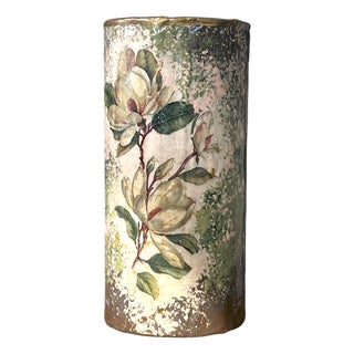 French, English Traditional Magnolia Botanical Distressed Glass Cylinder Bud Vase, Gold Leaf Rim, Studio Original Statement Piece For Sale