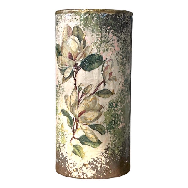 French, English Traditional Magnolia Botanical Distressed Glass Cylinder Bud Vase, Gold Leaf Rim, Studio Original Statement Piece For Sale