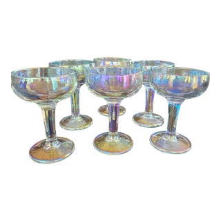 Late 20th Century Space Age Vietri Iridescent Champagne Coupe Glasses Goblets 5 3/8" Heavier Weight - Set of 6 For Sale