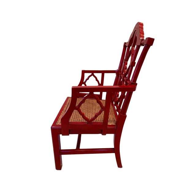 Chinoiserie Chippendale Cane Seat Red Lacquer Armchair For Sale - Image 3 of 10
