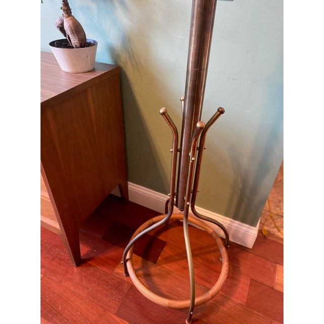 Antique Brass Coat Tree With Elm Foot Bar For Sale - Image 4 of 5