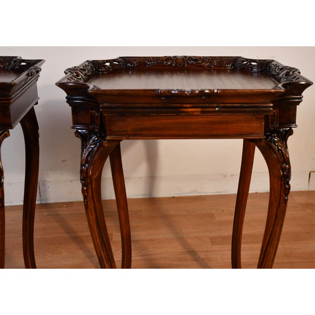 Brown 1940s Pair of English Chippendale Carved Mahogany Side Tables / End Tables For Sale - Image 8 of 18