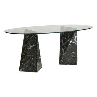 Italian Nero Marquina Marble + Oval Glass Dining Table, 1970s For Sale