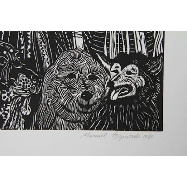 This woodcut print, titled Night Festival (Black), was created by the Spanish artist, Manuel Izquierdo, in 1980. It is...