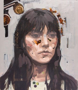 Agotar Existencias by Rossina Bossio | Mixed Media Portrait of a woman with mixed textures