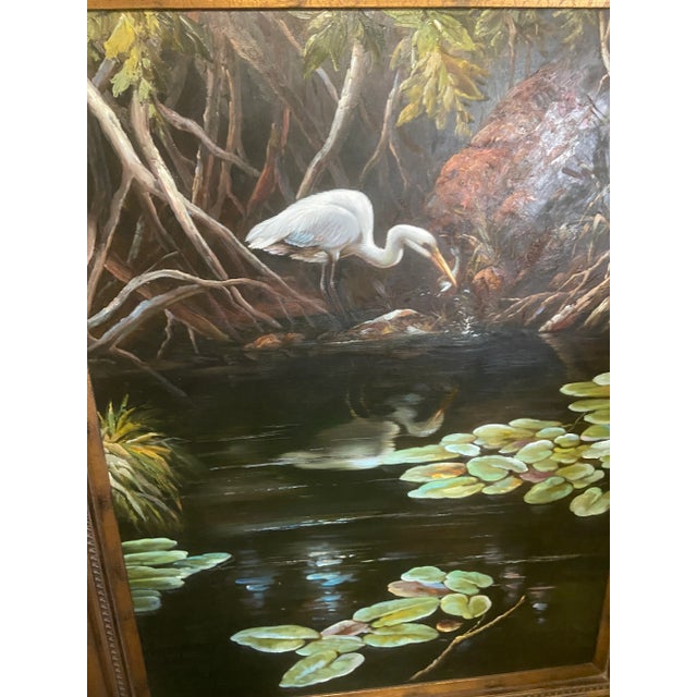 Vintage Egret Bird Oil on Canvas Painting Vibrant paint colors Enlarge to see fish in his mouth Looking at his reflections...