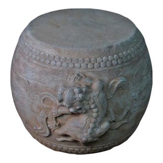 Hand Carved Stone Foo Dog Drum Stool or Side Table For Sale