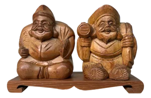 Wooden Ebisu and Daikoku Deity Statues on Base, Japan, 1950