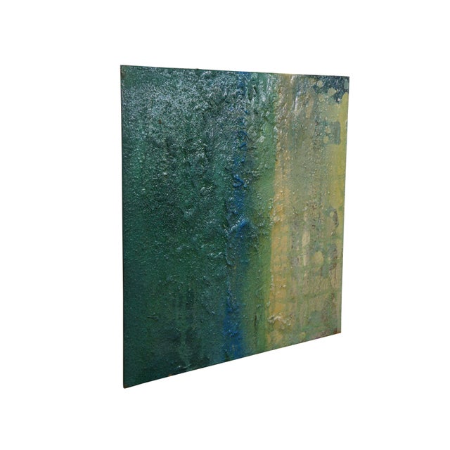 2015 modern abstract mixed media wall art - green, blue and yellow textured enameled paint on metal panel by artist Mike...