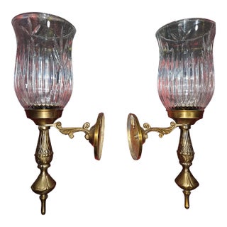 Vintage Brass Wall Candle Sconces With Etched Glass Torch, Set of Two For Sale