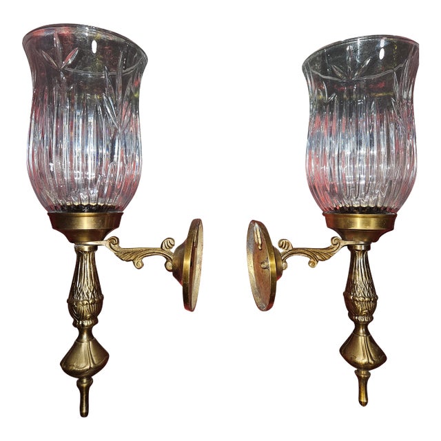 Vintage Brass Wall Candle Sconces With Etched Glass Torch, Set of Two For Sale