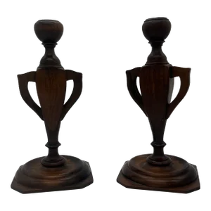 Pair, Arts & Crafts Trophy Urn Form Carved Wood Candlesticks Circa 1910