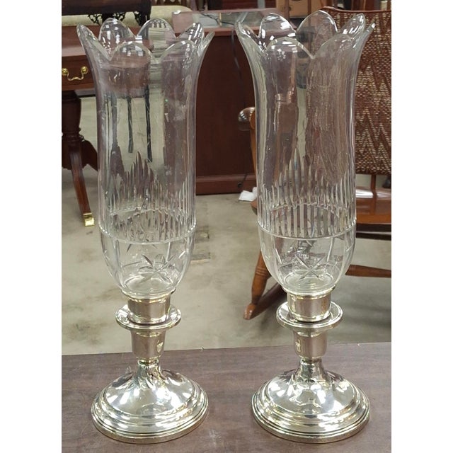 Traditional Pair Revere Silversmiths Weighted Sterling Silver & Crystal Shade Candle Holders For Sale - Image 3 of 9