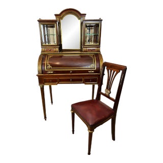 1900s Lady's French Louis XVI Style Mahogany Bonheur Du Jour Desk With Chair Set of 2 For Sale