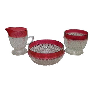 Vintage Ruby Flash Diamond Point Glass Condiment Set - S/3 For Sale