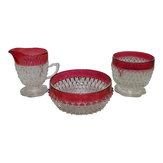 Vintage Ruby Flash Diamond Point Glass Condiment Set - S/3 For Sale