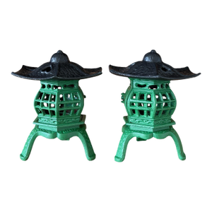 Pair of Vintage Regency Painted Cast Iron Pagoda Garden Lanterns