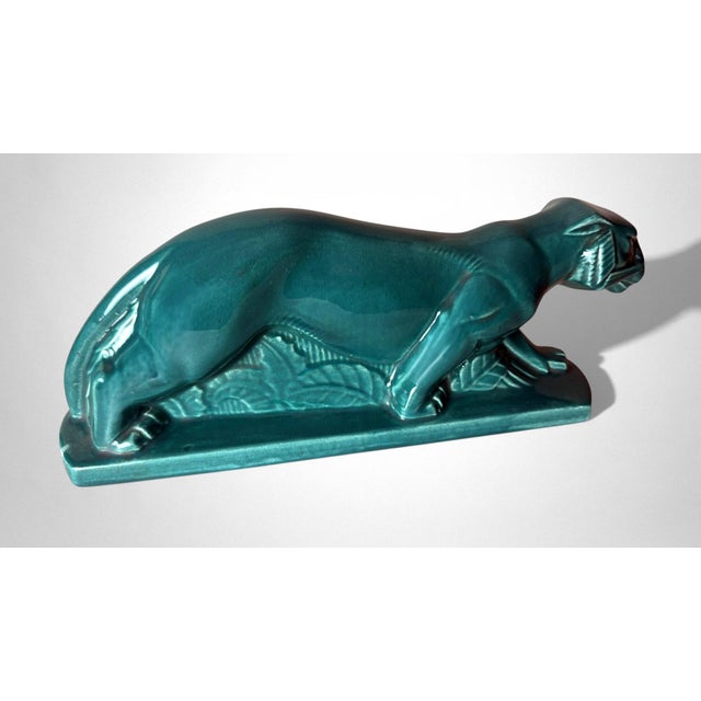 Ceramic Mid 20th Century Art Deco Saint-Clément Style Panther France Green-Glazed Ceramic For Sale - Image 7 of 18