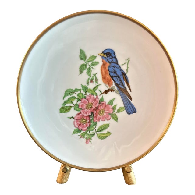 Vintage Late 20th Century Bird Plate With Gold Stand For Sale