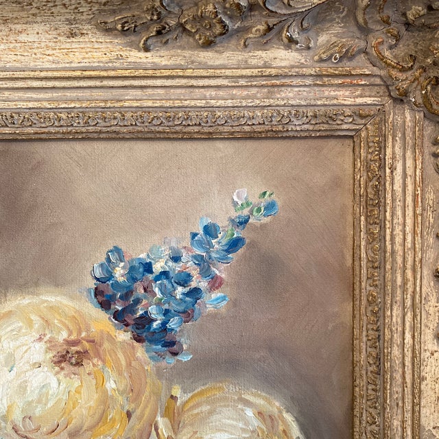 Wood Vintage Floral Still Life Oil Painting on Board in Ornate Gold Toned Wood Frame For Sale - Image 7 of 12
