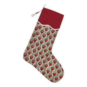 Handmade Red Flower Block Print Christmas Stocking with White Piping