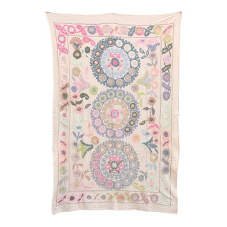 Romantic Pastel Hand Embroidered Suzani Tapestry For Sale