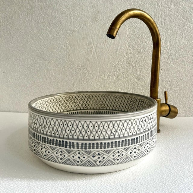 Moroccan Gray Handcrafted Ceramic Pottery Round Vessel Washbasin Sink With Brass Drain For Sale - Image 3 of 10