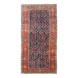 Antique Persian Bidjar Gallery Rug With Navy Field and Red Geometrics 6'3 X 12'9