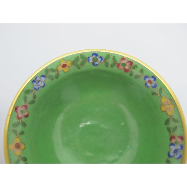 Metal Chinese Small Cloisonne Flower Branch Green Interior Bowl Pair For Sale - Image 7 of 9