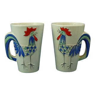 Ceramic Cups with Bas-Relief Roosters from Sicas, Sesto Fiorentino, Italy, 1940s, Set of 2 For Sale