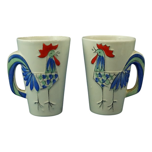 Ceramic Cups with Bas-Relief Roosters from Sicas, Sesto Fiorentino, Italy, 1940s, Set of 2 For Sale