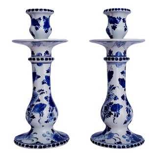 Vintage Dutch Delft Candlesticks, a Pair 11" Height For Sale