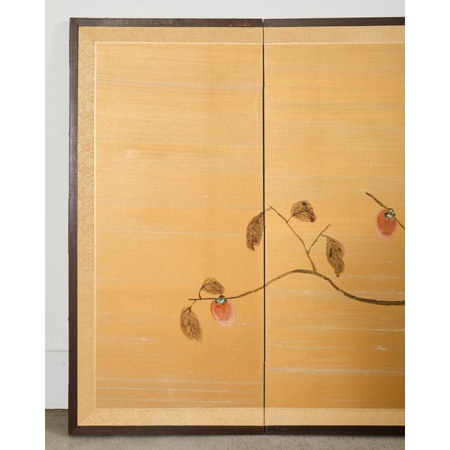 Japanese Showa Four Panel Screen Persimmon Branch in Snow For Sale - Image 4 of 18