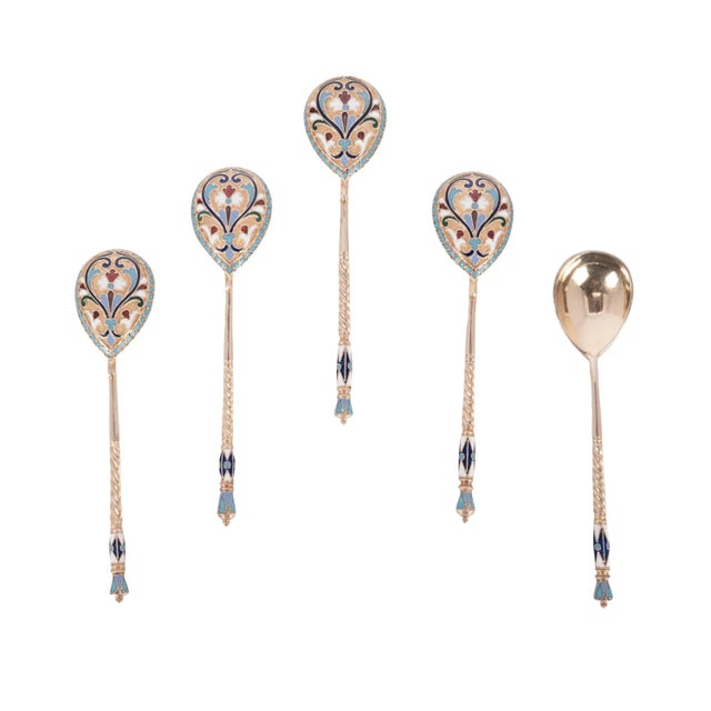 Antique Set Imperial Russian Silver Gilt Cloisonne Spoons Feodosii Pekin Moscow - 5 Pieces For Sale - Image 9 of 11