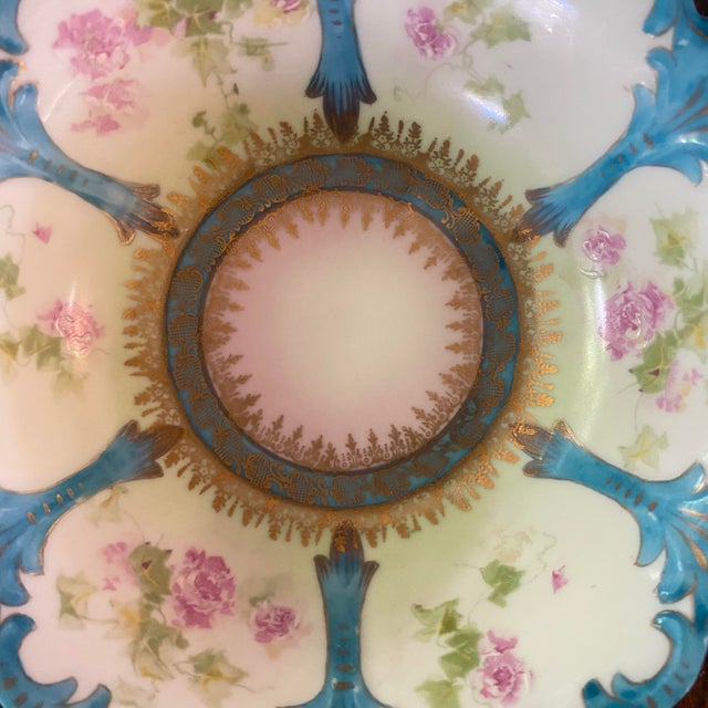 Prussia Plate and Bowl Set Hand Painted Vibrant Blue Border With Gold Accents For Sale - Image 9 of 16