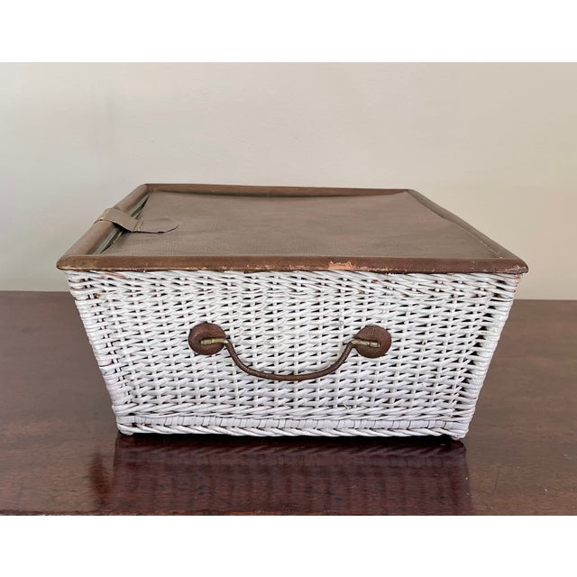 1920s Early 20th Century Mark Cross Leather and Wicker Basket Sewing Box With Silk Lining For Sale - Image 5 of 18