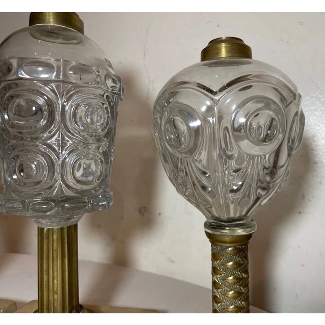 Lot of 3 Rare Antique 19th Century Bullseye Glass Brass Marble Whale Oil Lamp For Sale - Image 10 of 14