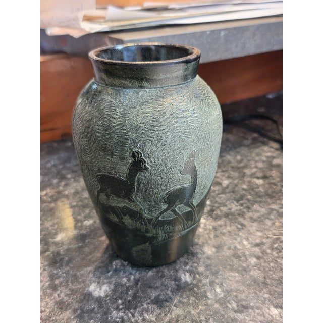 Stone Vintage Relief Carved Soapstone Vase Italian 1960s With Deer Trees & Mountains For Sale - Image 7 of 8