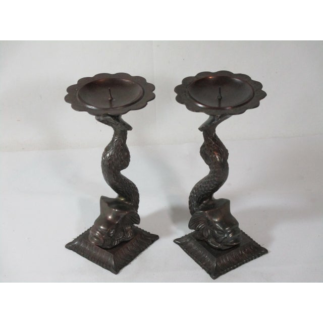 1980s Bronze Stylized Koi Piller Candleholders- a Pair For Sale - Image 12 of 12