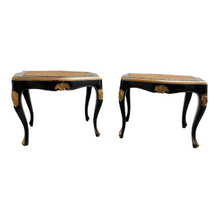 Black Lacquer Cane Gilded Louis XV Stools - a Pair For Sale